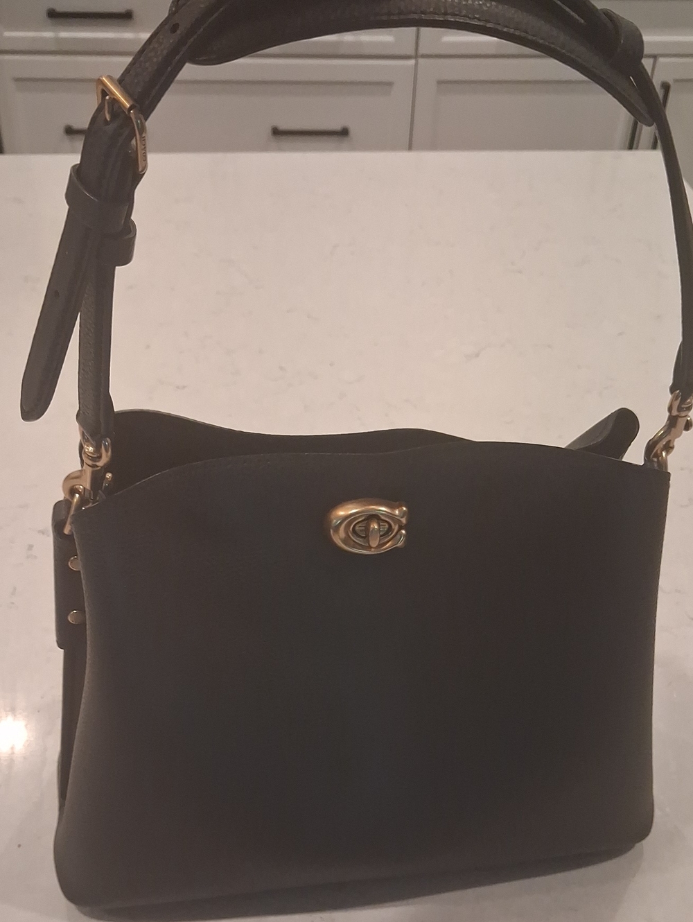Medium Size Coach Black Leather Shoulder Bag with Gold Turnlock